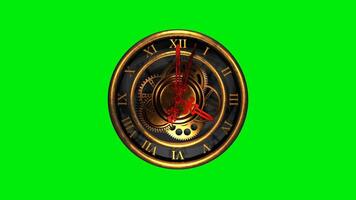 Old Gold Analog Clock with Roman Numerals and Spinning Second Hand in Loop Animation on Green Screen Chroma Key video