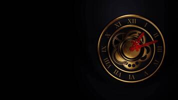 Old Golden Analog Clock with Roman Numerals and Spinning Minute and Hour Hands in Loop Animation on Dark Background video
