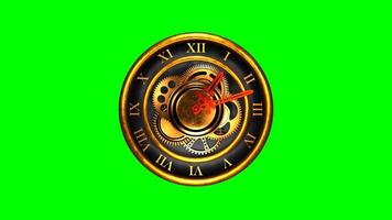 Old Gold Analog Clock with Roman Numerals and Spinning Minute and Hour Hands in Loop Animation on Green Screen Chroma Key video