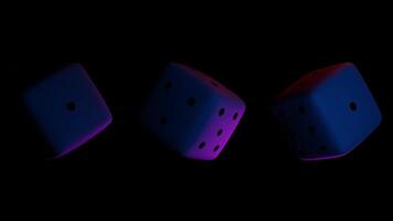 Spinning Dice with Pink and Blue Light Up the Scene in 3D Animation video