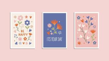 Set of your day greeting cards with floral elements heart shapes vector