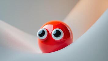 a close up of a red object with googly eyes. photo
