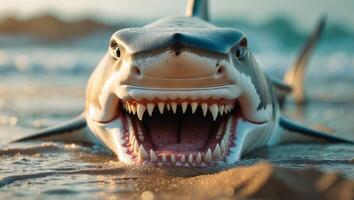 A close up of a shark with its mouth open on the beach. photo