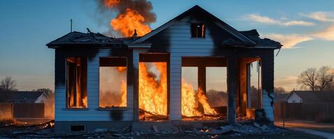 A burned down house with a fire in the background photo