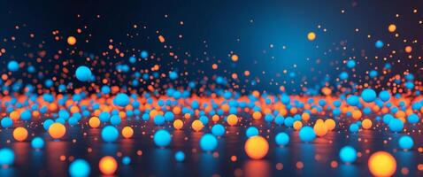 Abstract digital background with glowing blue and orange light dots representing data flow and technology in a futuristic atmosphere. photo