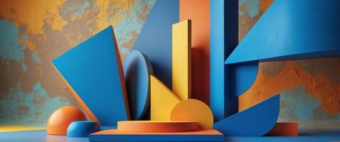 Abstract geometric artwork with bold shapes and vibrant colors on a textured background. photo