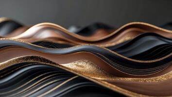 resumen olas de marrón y negro con oro acentos crear un lujoso y elegante antecedentes. foto