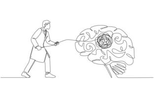 Continuous one line drawing of psychiatrist pulling tangled line out of patient's brain, psychiatric treatment concept, single line art vector