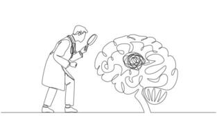 Continuous one line drawing of psychiatrist looks at tangled line in brain with magnifying glass, psychiatric diagnosis, mental health issue concept, single line art vector