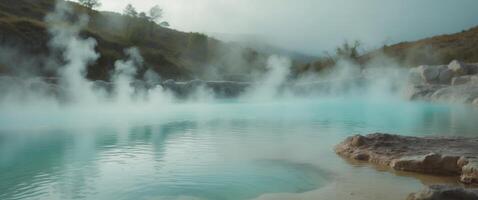 Cinematic shot of steaming natural hot springs with warm geothermal pools in a serene location photo