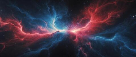Cosmic clash of red and blue nebulae creates a stunning display in the vastness of space. photo