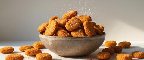Crispy breaded chicken nuggets served in a rustic bowl garnished with salt and spices for a delicious fast food treat photo