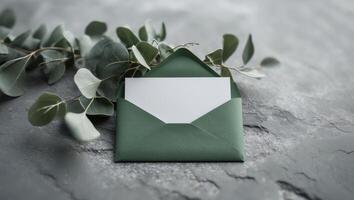 Elegant green envelope with blank card surrounded by eucalyptus leaves on textured gray surface. photo