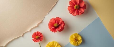 Flat lay banner template featuring subtle paper texture with neutral background and bright colors photo