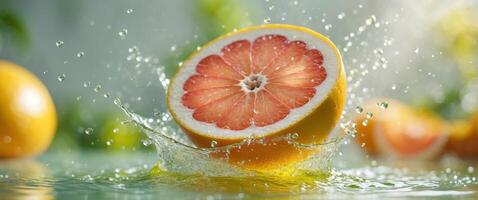 Fresh grapefruit slice splashing into juice with vibrant background highlighting freshness and zest of citrus fruits in beautiful light. photo