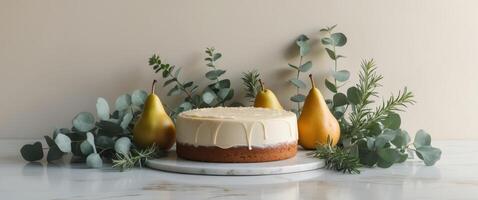 Freshly Baked Pear Cake on Marble Surface Surrounded by Pears and Greenery with Space for Text Design. photo