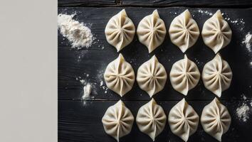 Frozen dumplings arranged neatly on a dark textured surface with flour scattered in the background empty space on the left for text or design photo
