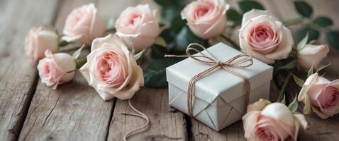 Gift box wrapped in twine surrounded by pink roses on a rustic brown wooden background creating a warm and inviting atmosphere photo