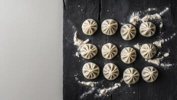 Frozen dumplings arranged neatly on a dark textured surface with flour scattered in the background empty space on the left for text or design. photo