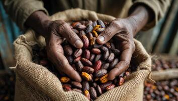 Hands hold a burlap sack filled with harvested cocoa beans ready for processing in a rustic setting photo