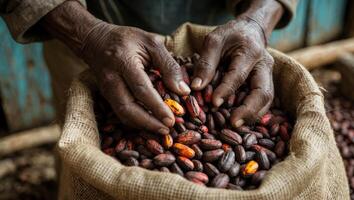 Hands hold a burlap sack filled with harvested cocoa beans ready for processing in a rustic setting. photo