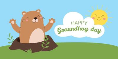 A cartoon of a groundhog with a smile on its face. The groundhog is in a hole and the sun is shining on it. The background is a green field vector