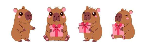 Four cute brown capybaras holding pink presents. The animals are all smiling and seem to be happy. The scene is likely meant to evoke feelings of joy and warmth vector