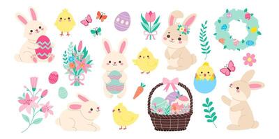 A collection of Easter bunny and bird characters. Some of the characters are holding eggs, while others are holding baskets. Scene is cheerful and festive, with a focus on the Easter holiday vector