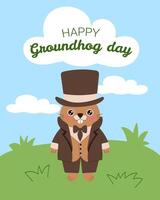 A cartoon of a groundhog wearing a top hat and bow tie. The groundhog is standing in a field with a blue sky in the background. The image is titled Happy Groundhog Day vector