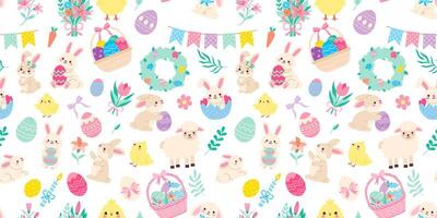 A colorful Easter scene with rabbits, chickens, and eggs. The image is a bright and cheerful display of Easter decorations vector