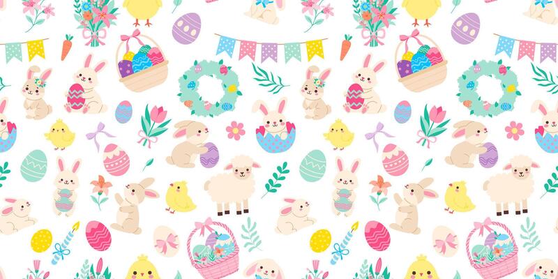 A colorful Easter scene with rabbits, chickens, and eggs. The image is a bright and cheerful display of Easter decorations