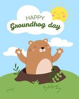 A cartoon of a groundhog with a smiling face and a sun in the background. The text reads Happy Groundhog Day vector