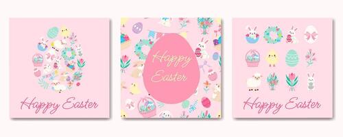 A set of three Easter cards with a pink background and a white border. The cards feature various Easter-themed images, including rabbits, eggs, and flowers vector