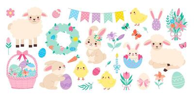 A collection of Easter themed cartoon animals including rabbits, chickens, and sheep. The animals are surrounded by flowers and eggs, and there is a wreath in the background vector