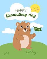 A cartoon of a groundhog holding a green flag and smiling. The image is titled Happy Groundhog Day vector