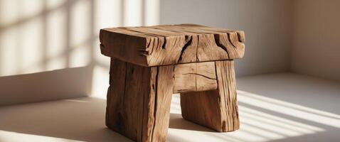 Rustic wooden stool in natural light with textured shadows indoors photo