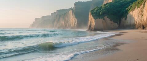 serene beach scene with gentle waves and stunning cliffs. photo