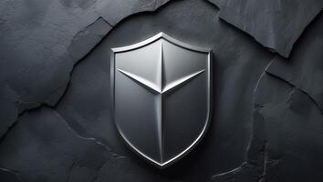 Sleek metallic shield design on a dark textured background with a modern touch showcasing security and protection. photo