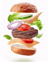 Tasty Burger with Levitation of Fresh Ingredients Isolated on White photo