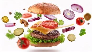 Burger with Floating Ingredients for a Fresh and Flavorful Look photo