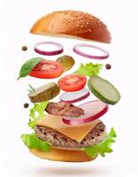 Deconstructed Burger with Ingredients Hovering Above, Isolated on White photo