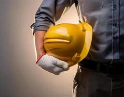 Worker in Construction Site Holding Hard Hat in Hands photo