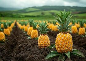 A field of pineapple plants with a few of them in the foreground. Scene is peaceful and serene, with the lush green hills in the background photo