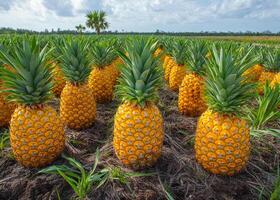 A field of pineapple plants with many ripe pineapples. The pineapples are yellow and are growing in the dirt photo