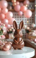 A chocolate bunny is sitting on a table next to a bunch of pink balloons. The bunny is surrounded by pink flowers and pink eggs, creating a festive and playful atmosphere photo