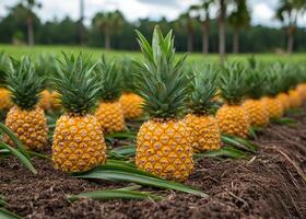 A row of pineapple plants are growing in a field. The plants are yellow and green, and they are surrounded by dirt. Concept of growth and abundance photo