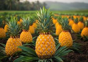 A field of yellow pineapples. The pineapples are in a field with green leaves photo