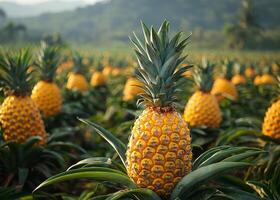 A field of pineapple plants with a single pineapple in the foreground. The pineapple is surrounded by other pineapples, and the entire scene has a bright, sunny, and cheerful mood photo