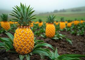 A field of pineapple plants with a single pineapple in the foreground. The pineapple is surrounded by green leaves and is the only one that is not fully grown photo