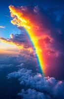 A rainbow is seen in the sky above a city. The sky is filled with clouds and the sun is setting. The rainbow is bright and colorful, creating a sense of hope and wonder photo